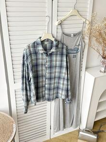 少女夏秋季休闲套装：格子衬衫和字母图案长裙，适合度假休闲穿着 - 彩色 - 查看 1