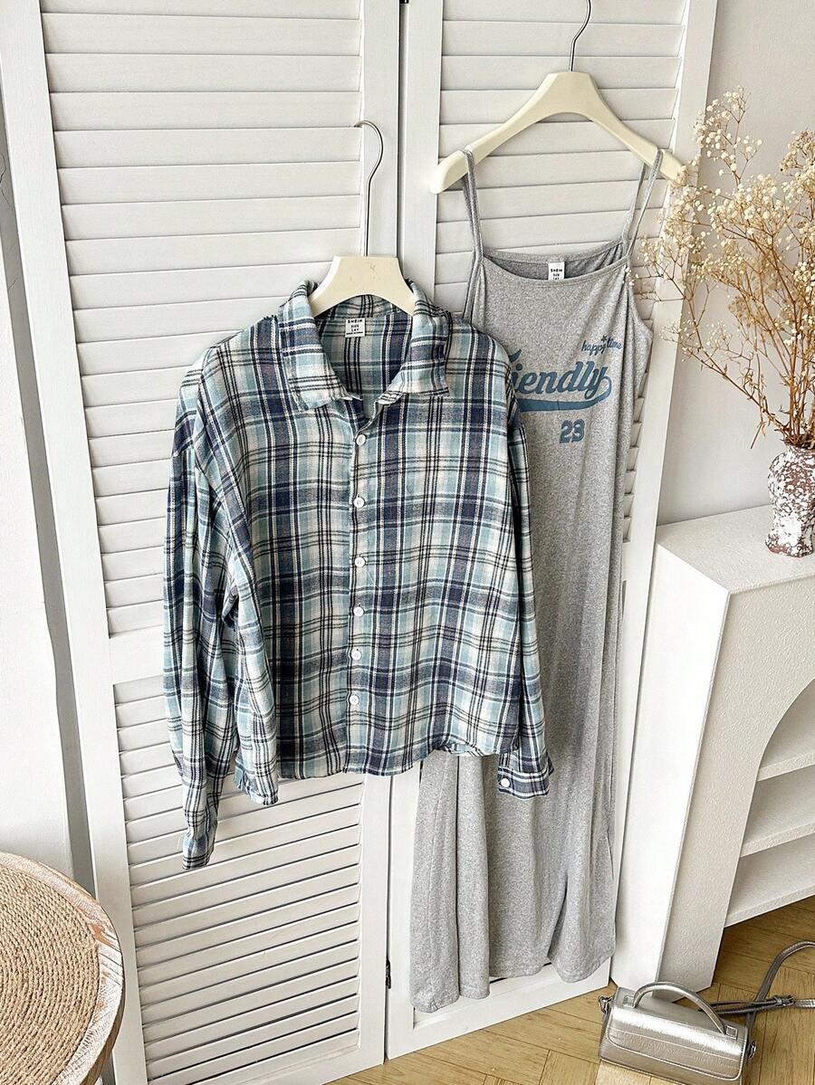 少女夏秋季休闲套装：格子衬衫和字母图案长裙，适合度假休闲穿着 - 彩色 - 查看 1