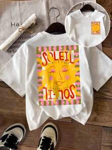 女式休闲图案 T 恤，街头风格短袖 T 恤，可爱夏季上衣，度假氛围，红色点缀 - 白色 - 查看 4