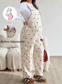 SHEIN 孕妇休闲全身心印花可调节腰部和背部支撑连体裤 - 杏色 - 查看 4