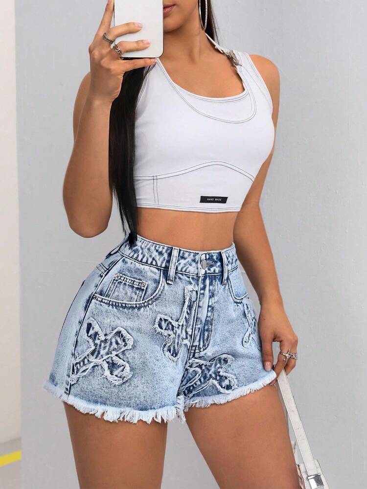 SHEIN ICON Quần short denim sáng màu thường ngày có viền tua rua dành cho nữ - Rửa nhẹ - Xem 5