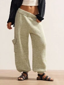 Bohemela BOHO 女式低腰多口袋针织裤，秋冬 - 軍綠色 - 查看 3