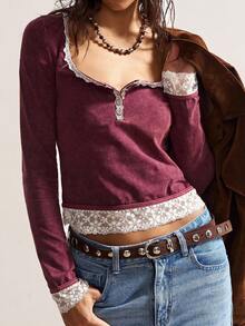 Bohemela Casual Solid Color Knit Contrast Lace Long Sleeve Slim Fit Blouse For Women