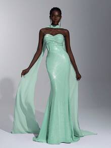 Elitara 优雅奢华薰衣草紫色 V 领串珠褶饰紧身胸衣美人鱼下摆正式礼服，适合女士正式晚礼服 - 薄荷綠 - 查看 6