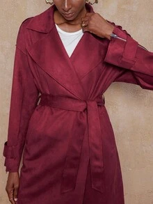 SHEIN Privé VITNOS Women's Burgundy Autumn Elegant Office Solid Color Lapel Neck Casual Trench Coat,High-End Winter Long Jacket For Date Night,Parties,Holiday - Khaki - View 7