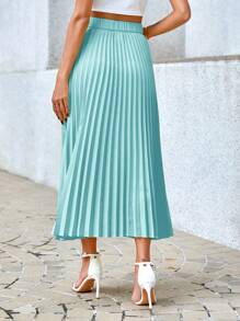 SHEIN Privé Váy công sở thanh lịch xếp ly eo thun màu trơn cho nữ - Màu xanh Cadet - Xem 2