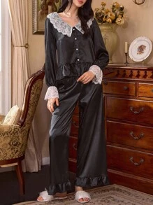 Côtesoire 法式宫廷风女士黑色缎面撞色蕾丝睡衣套装，秋季服装 - 黑色 - 查看 1
