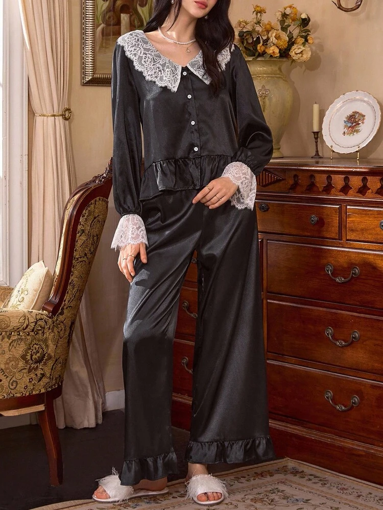 Côtesoire طقم بيجامة نسائي من الساتان الأسود بتباين الدانتيل على الطراز القصري الفرنسي، ملابس خريفية - الأسود - مشاهدة 1