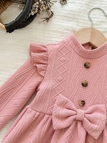LMoss Kids LMoss Baby Girl Pink Autumn Cute Sweet Birthday Dress,Solid Knit Round Neck Ruffle Hem Long Sleeve Textured Warm Outfit For Christmas Spring Winter - Pink - View 3