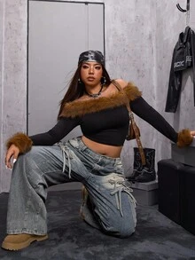 Jeanoix Plus Size Women's Fashionable Vintage Lace-Up Wide Leg Cargo Jeans Punk - Medium Wash - View 4