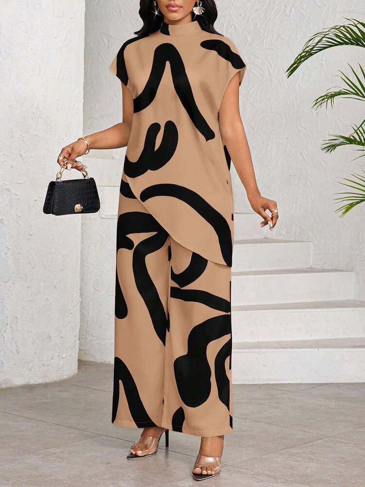 SHEIN Lady مجموعة قطعتين أنيقة للصيف بطباعة هندسية بسيطة، ملابس صيفية للنساء، ملابس للعطلات، مجموعة قطعتين للمرأة - كاكي - مشاهدة 4