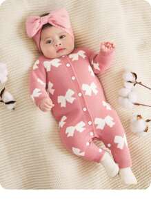 SHEIN Newborn Baby Girl Casual Bow Knit Jumpsuit, Autumn/Winter Baby Winter Clothes Baby Romper Knitted Baby Jumpsuit Baby Jumpsuit Bow Print Baby Clothes Fall - Pink - View 8