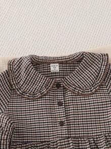 Playful Pals 年轻女孩编织格子荷叶边领口纽扣前部松紧袖口优雅长袖连衣裙，秋冬 - 棕色 - 查看 8