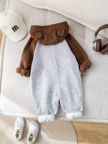 SHEIN Newborn Baby Unisex Plush Bear Hooded Jumpsuit, Casual Color Block Design, Autumn/Winter Baby Clothes, Baby Halloween Costume Newborn Baby Boy Winter Clothes Hooded Baby Jumpsuit Baby Boy Winter Jumpsuit Zip Up Baby Jumpsuit Fall - Multicolor - View 2
