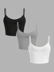 SHEIN EZwear 3入組女性貼身短版休閒背心，適合夏季穿著