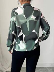 Elenzga 休闲拼色印花缺口领衬衫，适合春秋季节 - 橄欖綠 - 查看 2