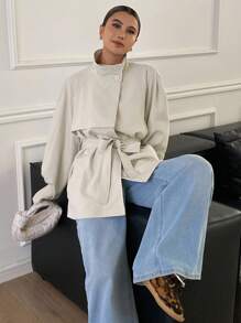 Livesso 秋冬新款宽松休闲加厚风衣女式常规外套女式大衣 - 卡其色 - 查看 5