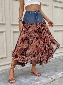 Vivid Eden 女式休闲牛仔裙，拼布设计 - 深色水洗藍 - 查看 6