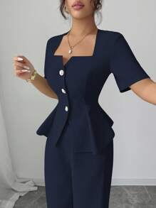 Elenzga 新款时尚法式女装春夏修身设计感 A 字型方领衬衫 + 阔腿直筒裤 2 件套 - 藏蓝色 - 查看 3