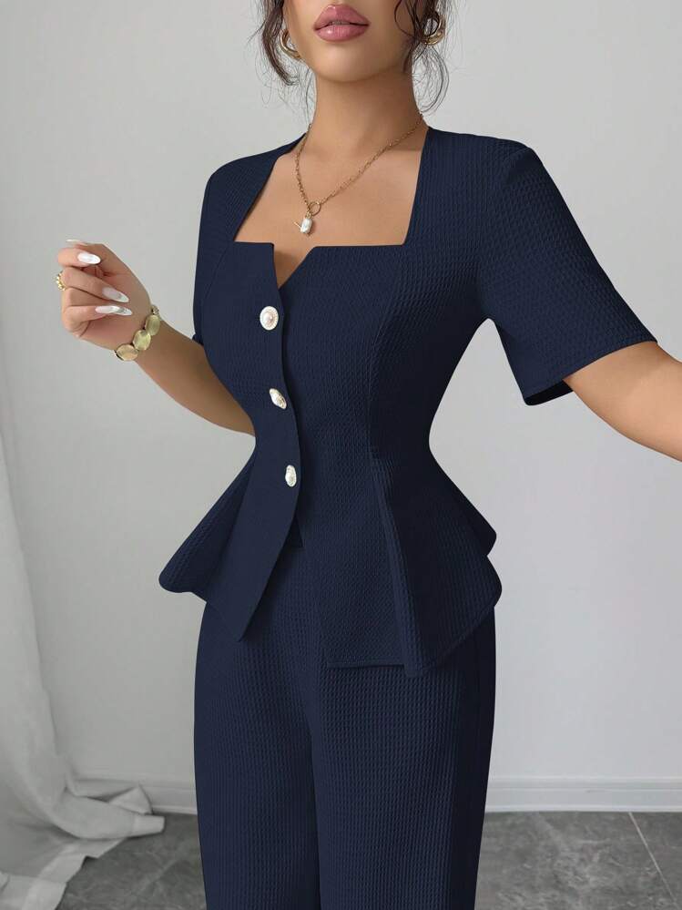 Elenzga New Stylish French Fashion Outfit For Women, Spring/Summer, Fitted Design Sense A-Line Square Collar Blouse + Wide Leg Straight Pants 2 Pieces Set - Navy Blue - View 3