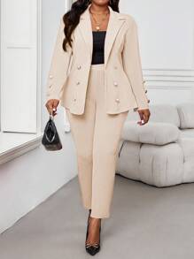 SHEIN Lady 秋冬优雅红色针织翻领纽扣长袖加大码仿皮草外套情人节新年女装 - 卡其色 - 查看 5