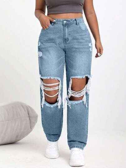 EURMUSE Jeansy damskie w dużych rozmiarach, luźne, proste, z kieszeniami, uniwersalne, casualowe