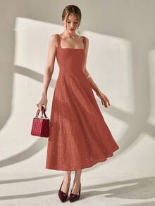 CLARA VERO Elegant Solid Color Hollow Embroidery Sleeveless Dress, Summer - Burnt Orange - View 5