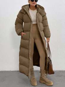 EURMUSE Keep Warm Feature, Maxi Lenght, Side Popper Detailed Puffer Winter Coat - Dark Grey - View 1
