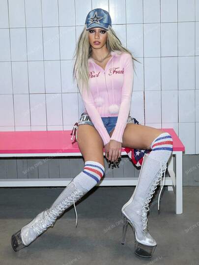 Paul Frank X ROMWE كارديجان أنثوي مطرز باللون الوردي مع كرات الفرو على الرأس