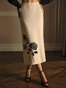 MOTF PREMIUM FLORAL PATTERN STRAIGHT SWEATER SKIRT - Apricot - View 4