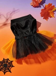 1 件猫狗通用卡通印花蝴蝶结装饰万圣节橙色网眼拼布可爱宠物连衣裙，适合万圣节派对，PETSIN 原创设计