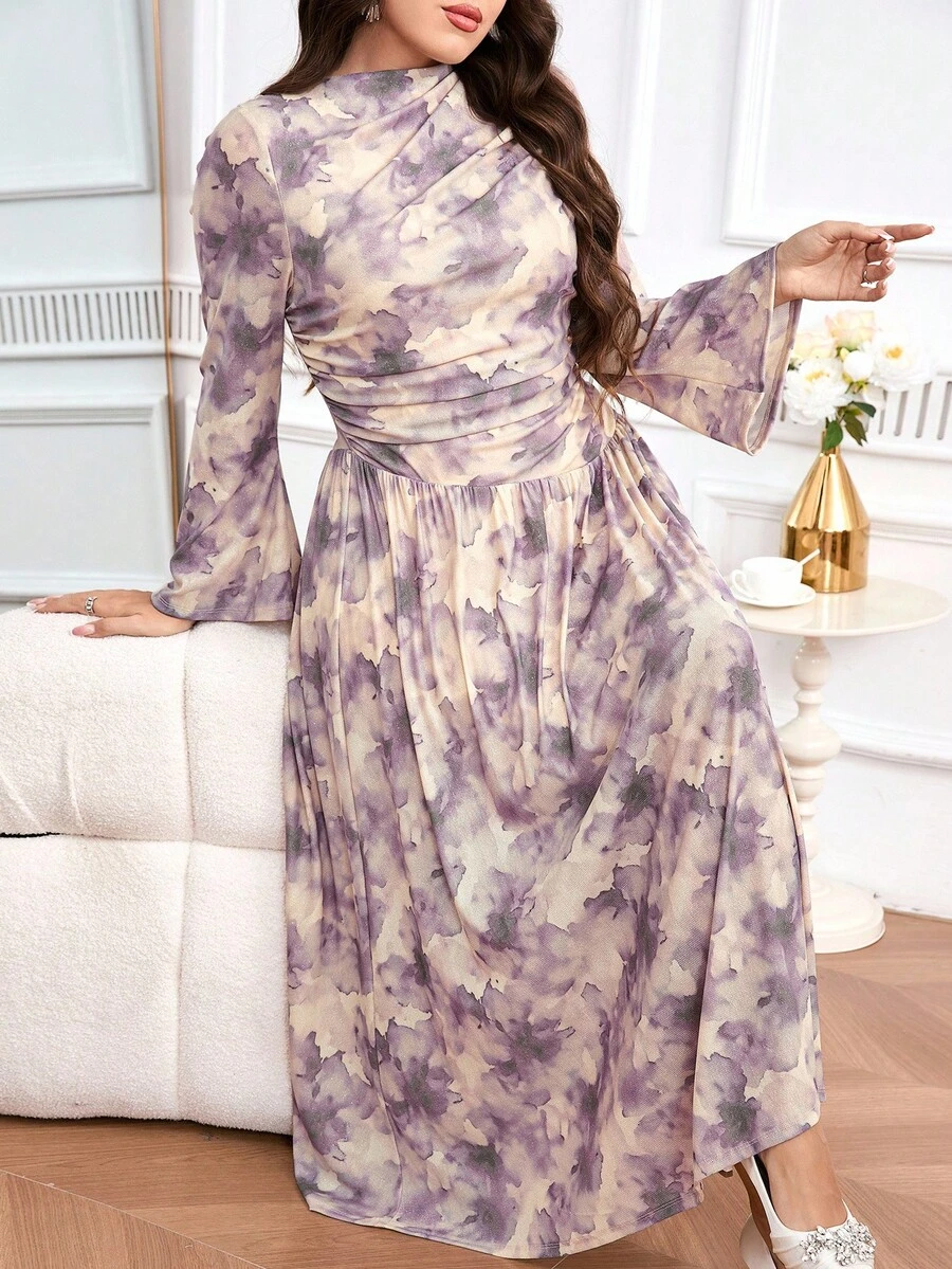 Modelyn Plus Size Women's Elegant Printed Ruffle Dress - Multicolor - View 1