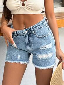 SHEIN Cottnline 100%Cotton Rigid, Low Waist, Destroyed Short - Light Wash - View 4