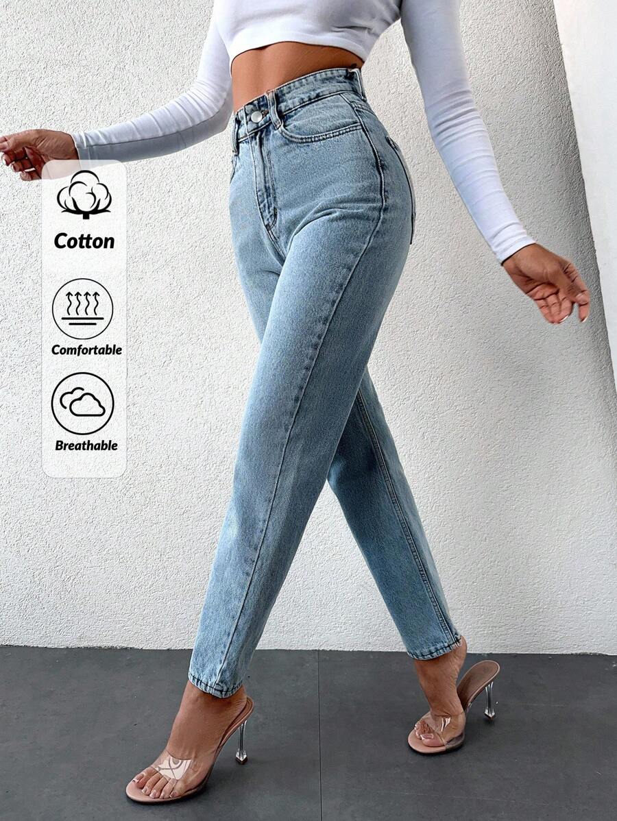 EURMUSE 100%Cotton High Waist Slant Pocket Casual Mom Fit Jeans - Blue - View 1