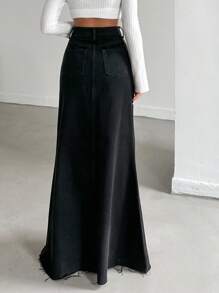 SHEIN Tall High Waist Raw Hem Denim Skirt - Black - View 2