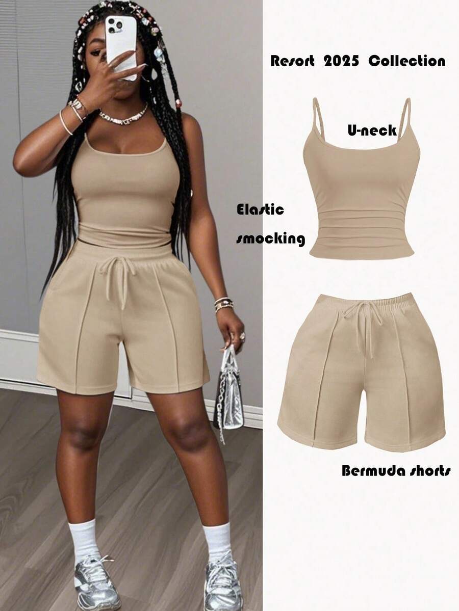 Slaydiva New Spring And Summer Casual Basic Sports Style U-Neck Suspender Vest + Five-Point Trousers With Tooth Strips Decorative Sweatpants White Women's Two Pieces Set-A