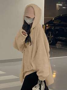 DAZY Áo nỉ trùm đầu dáng rộng màu trơn dành cho nữ, trang phục mùa thu - Màu Khaki - Xem 4