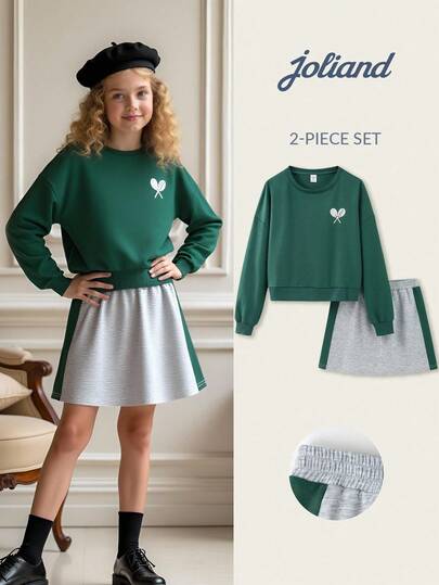 Joliand 2pcs/Set Tween Girls Elegant Academy Style Casual Urban Sporty Outfit - Moss Green Crew Neck Long Sleeve Sweatshirt And Grey Short Skirt, Suitable For Outings, Parties, Back To School, Summer & Autumn Tennis Skirt Set Kids Girl Set Green Green Kids Set Teen Sweat Set Sweatshirt Set For Girl Girls Tennis Outfit Girls Sweatsuit Set Backtoschool ColorfulJoy