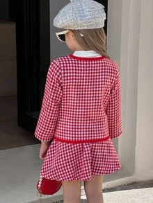 SHEIN Elladie kids 少女红白格子可爱长袖外套搭配裙子套装，适合秋冬 - 紅色 - 查看 2