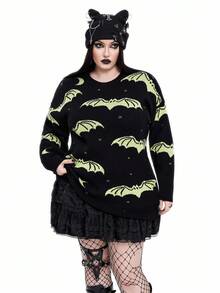 Whyspr Suéter casual de cuello redondo de manga larga con estampado de murciélago para mujer de talla grande