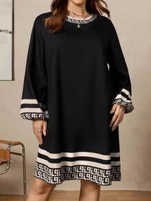 Zelara Sukienka w paski i geometryczny wzór w dużym rozmiarze, swobodna i do pracy