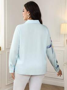 SHEIN Clasi 大码优雅休闲/商务蓝色印花衬衫 - 彩色 - 查看 2