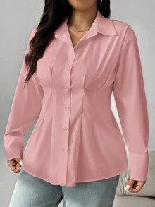 SHEIN EZwear 大码女式长袖褶皱单排扣休闲衬衫，粉色 - 粉色 - 查看 4