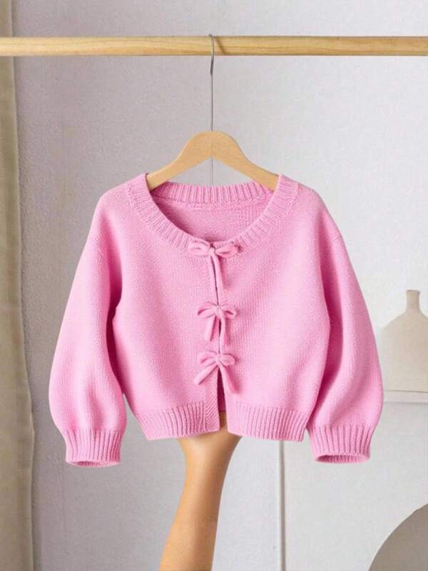 SHEIN LMoss Kids Knitted Sweater For Young Girl, Featuring Bow Decor, Cute & Casual, Soft & Comfortable, Versatile, Suitable For Home, Party, Vacation,In Fall/Winter