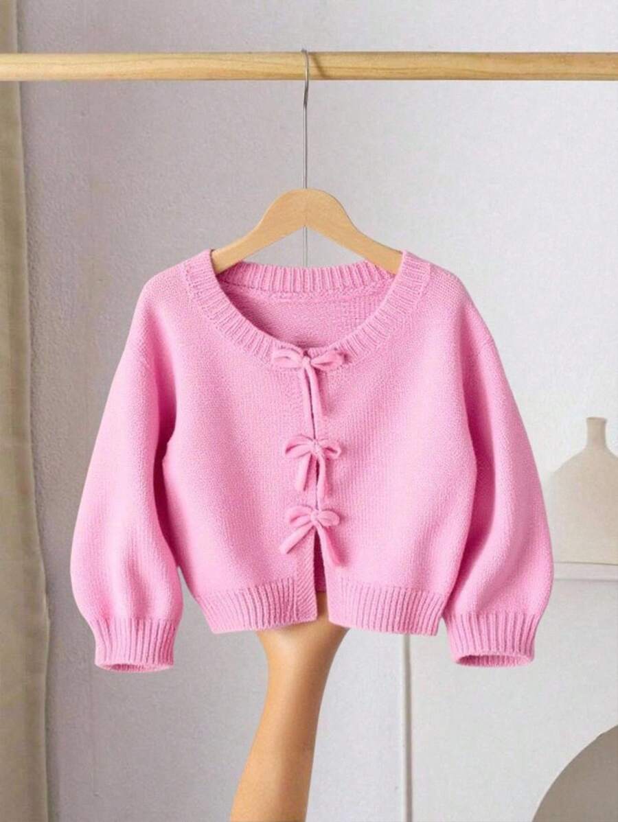 SHEIN LMoss Kids Knitted Sweater For Young Girl, Featuring Bow Decor, Cute & Casual, Soft & Comfortable, Versatile, Suitable For Home, Party, Vacation,In Fall/Winter - Pink - View 1