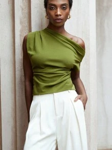 Aveloria Modichic Classy Commuting Well-Cut Old Money Style Asymmetric Shoulder Design Ruched Small Cap Sleeve Gathered Waist Women's Blouse