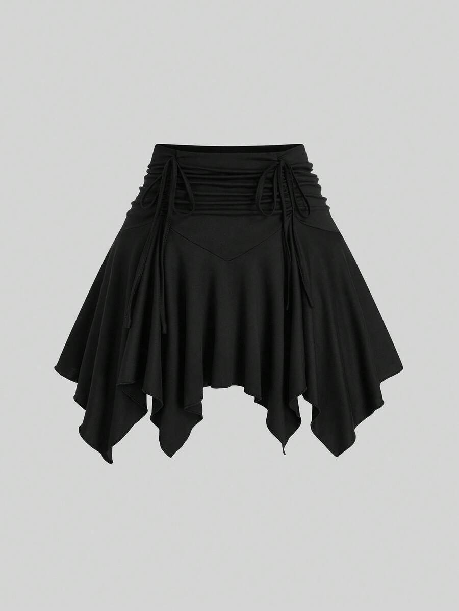 Lyrianda Plus Drawstring Front Hanky Hem Skirt - Black - View 1