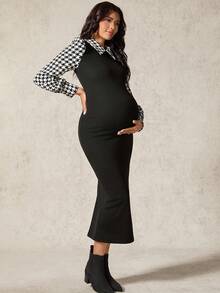 SHEIN Elegant Commuter Houndstooth Print Patchwork Fitted Maternity Dress - Black and White - View 4