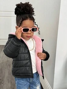 SHEIN Babygirl Cute Black Warm Fleece Hooded Padded Coat, Autumn/Winter Fall - Black - View 6