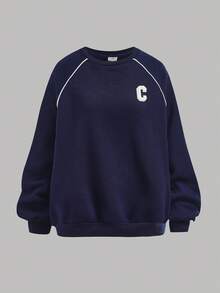 SHEIN Girlism Tween Girls 3 PiecesOutfit Set: Thermal Lined Sweatshirt, Vest, And Sweatpants, Casual School/Sports Wear, Loose Fit, Letter Applique, Long Sleeve Sweatshirt, Fitted Knit Vest With Contrast Trim, Deep Blue/Navy Fall Winter - Royal Blue - View 4